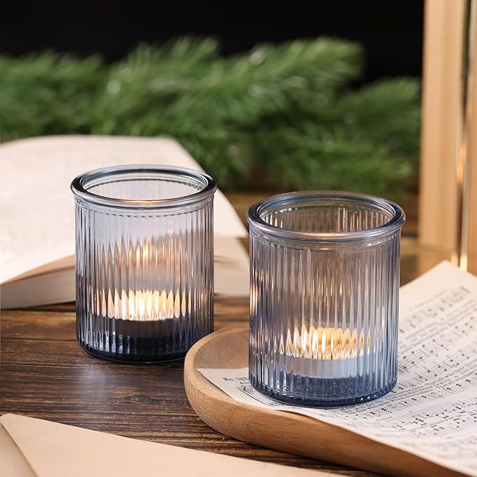 8Pcs Ribbed Blue Votive Candle Holders, Tea Light Candle Holder Glass, Blue Candle Holders for Table Centerpiece, Wedding Decor, Home and Holiday Decor