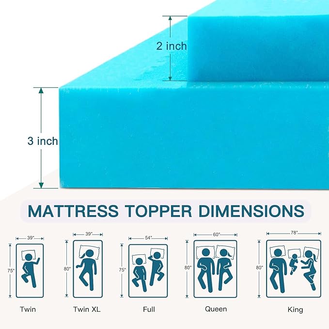 Airensky Memory Foam Mattress Topper Queen, Cooling Gel Infused High Density Topper with Removable Washable Cover, Bed Topper for Pressure Relief Back Pain, CertiPUR-US Certified, 3 Inch, 60"x80"