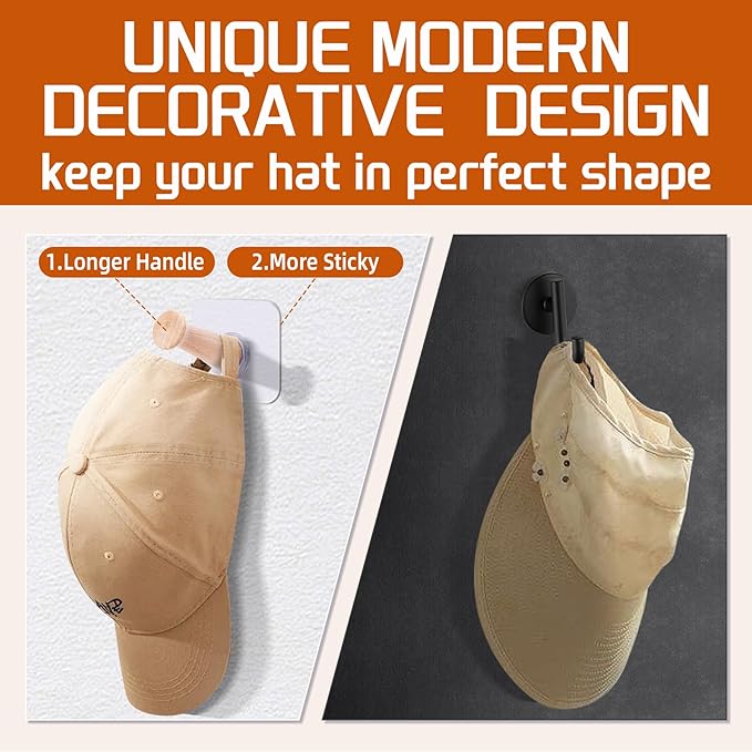 FOTYRIG Extra Long Adhesive Hat Hooks 10lb: No Drill Adhesive Hangers-Clear Wooden Mushroom Head, Holds Cowboy Fedora Baseball Caps Beret-8 Packs