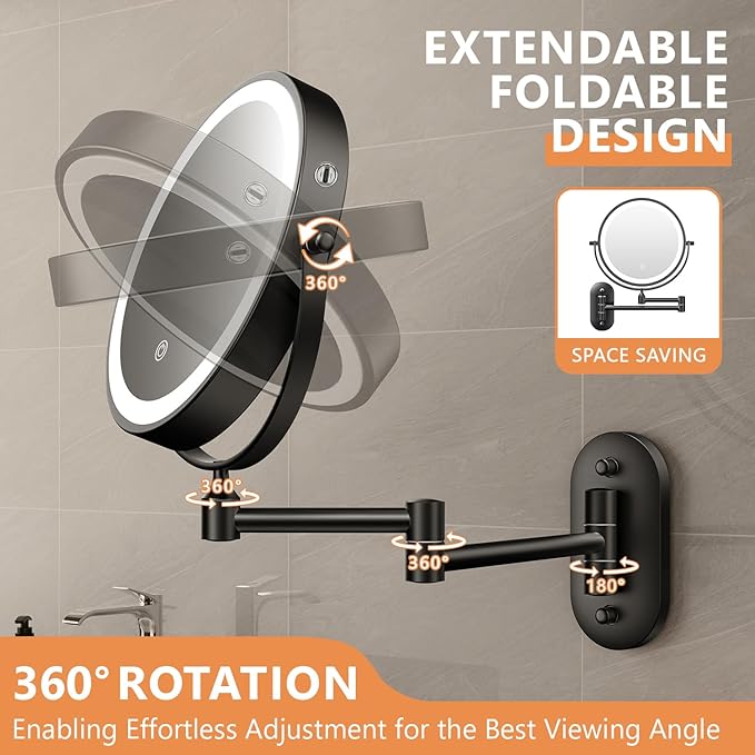 Auxmir 1X/30X Wall Mounted Makeup Mirror with Light, 8" Rechargeable Double-Sided Magnifying Mirror, Vanity Mirror Dimmable 3 Color Light, 360° Extension Rotation Foldable 14.5 Inch Arm, Black