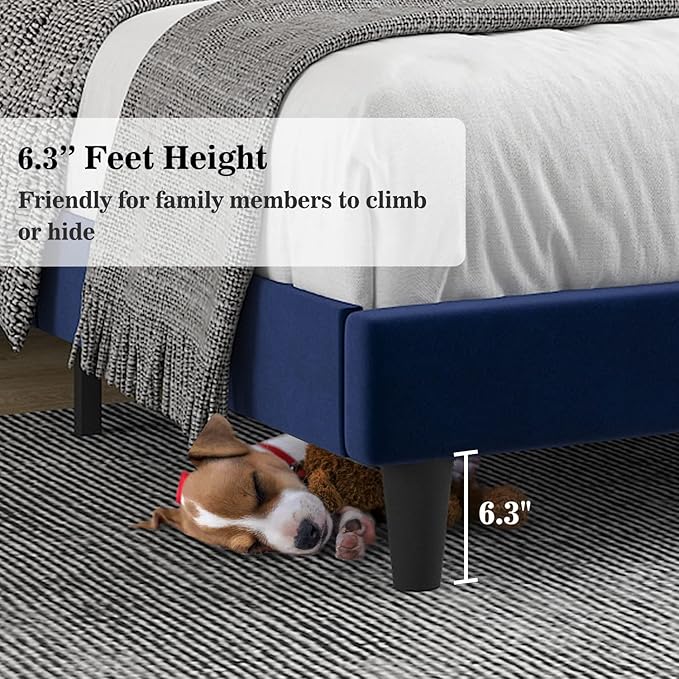 Allewie Full Platform Bed Frame/Velvet Upholstered Bed Frame with Vertical Channel Tufted Headboard/Strong Wooden Slats/Mattress Foundation/Box Spring Optional/Easy Assembly/Navy Blue