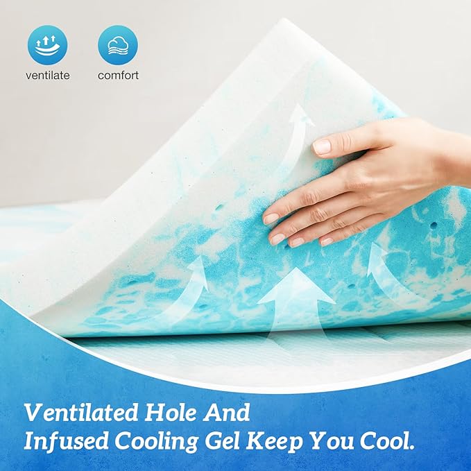Sweetcrispy Memory Foam Mattress Topper Twin, 2 Inch Thick Gel Infused Cooling Toppers Pad for Twin Size Bed, Sleeper Sofa, RV, Camper, CertiPUR US Certified, Ventilated and Breathable, Blue