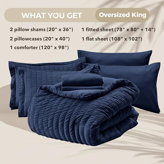 HYMOKEGE Navy Blue Oversized King Comforter Set Seersucker 7 Pieces, All Season Luxury Bed in a Bag for Bedroom, Bedding Set with Comforter, Sheets, Pillowcases & Shams