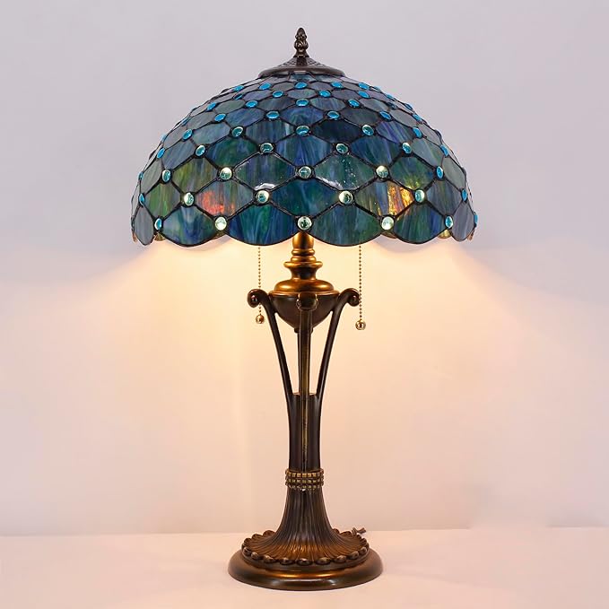 Tiffany Table Lamp Sea Blue Pearl Stained Glass Desk Lamp 16X16X24 Inches Reading Light