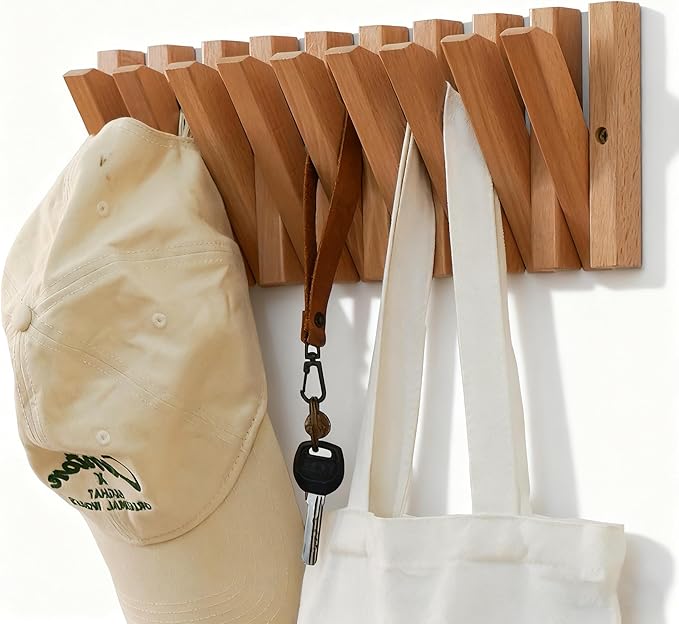 Coat & Hat Hooks Wall Mount with Key Holder, Wall Mounted Coat Rack with 9 Retractable Hangers, Solid Wood Slim Key Holder for Entryway, 17in Natural Finish