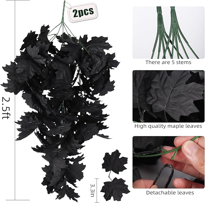 RECUTMS Black Maple Leaf Garland 2PCS Artificial Hanging Fall Halloween Maples Leaves Swag Plants 2.5ft Faux Silk Autumn Garlands for Indoor Outdoor Thanksgiving Party Home Room Fireplace Patio Decor