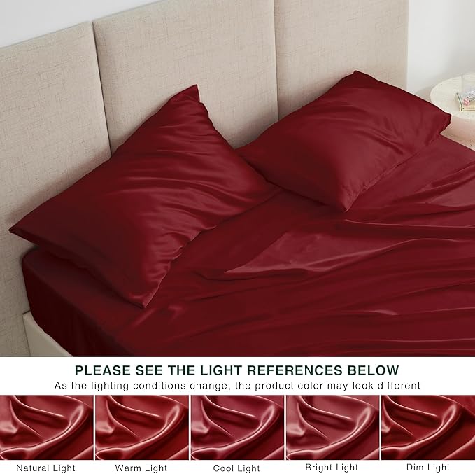 Love's cabin 4Piece California King Satin Bed Linen Set, Burgundy Silky Satin Sheets, Deep Pocket, Luxury Silk Feel, 1 Flat, 1 Fitted Sheet, 2 Pillow Cases
