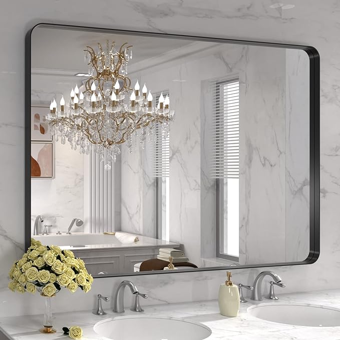 LOAAO 48X30 Inch Black Metal Framed Bathroom Mirror for Wall, Matte Black Bathroom Vanity Mirror Farmhouse, Large Rounded Rectangle Mirror, Anti-Rust, Tempered Glass, Hangs Horizontally or Vertically