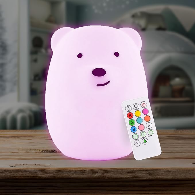 Lumipets Benny The Bear Squishy Silicone Night Light for Kids | Cute Night Light with Remote & Touch Control for Girls & Boys | 9 Color Changing Soft Portable Animal Lamp Comes with USB Cord