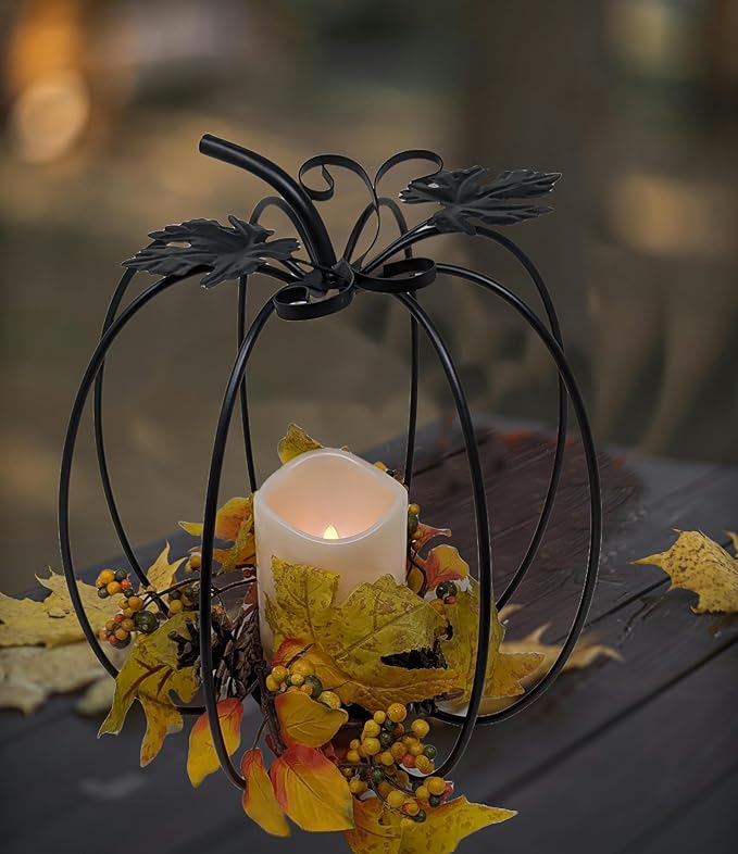 One Holiday Way 12-Inch Black Metal Pumpkin Candle Holder with LED Candle, Timer and Fall Leaves - Decorative Rustic Dining Table Centerpiece - Thanksgiving Halloween Harvest Autumn Wedding Home Decor
