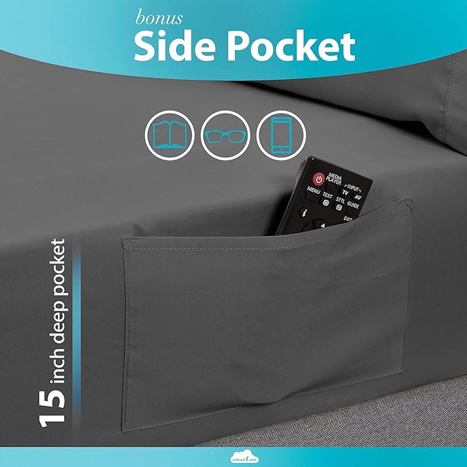 DREAMCARE Twin Sheets - 3pcs Cooling Sheets up to 21' Extra Deep Pocket Twin Bed Sheets - Twin Sheet Set - Soft & Long Lasting 100% Fine Brushed Polyester with Side Pocket - DGray