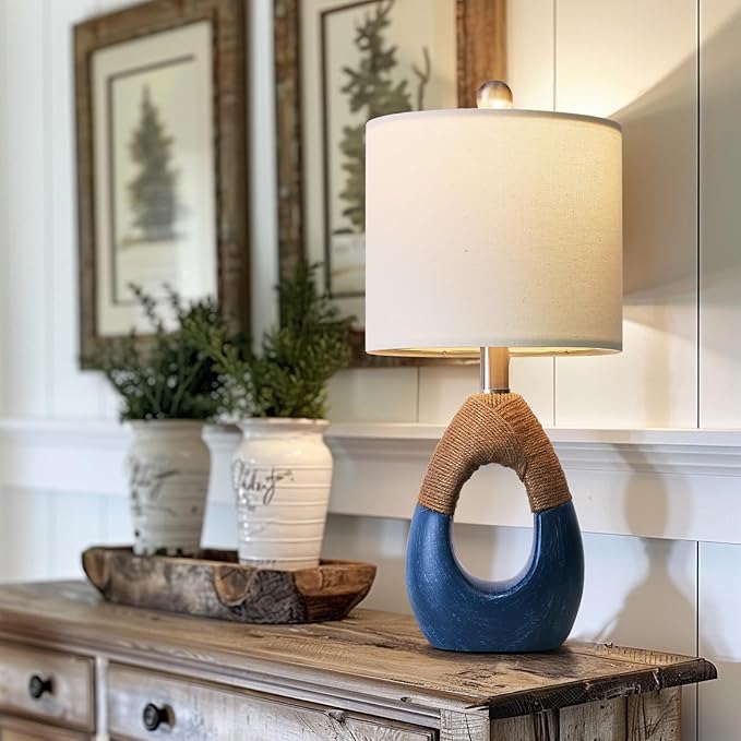 OYEARS 19" Table Lamp for Living Room,Boho Lamp for Bedroom, Bedside for Nightstands, Suitable for Small Space,Coastal Farmhouse, End Table, Rattan Nautical Beach Style, Blue,1 Pack