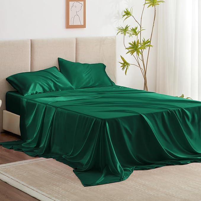 Love's cabin Satin Queen Sheets Set - 4 Piece Dark Green Silky Bed Sheets with Deep Pocket, Luxury Silk Feel Satin Queen Size Sheet Set (1 Flat Sheet,1 Fitted Sheet,2 Pillow Cases)