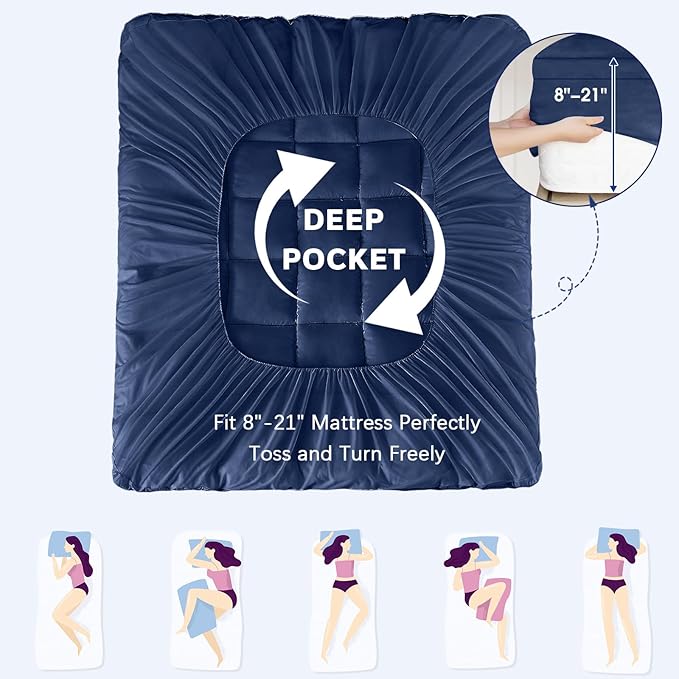 CYMULA Full Bed Mattress Topper, Navy Cooling Mattress Pad Cover, Thick Full Size Pillow Topper Soft with Deep Pockets, Washable Plush Down Alternative Fill Mattress Protector