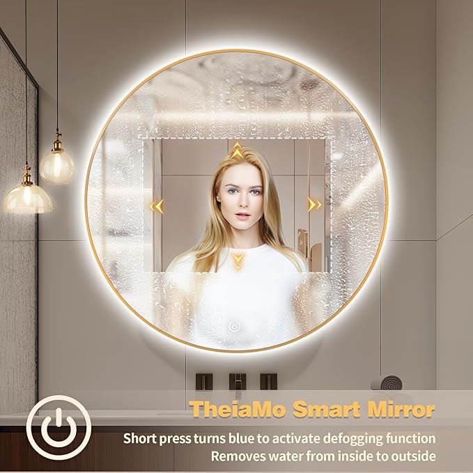 28" Round LED Bathroom Mirror, Wall Mounted Round Backlit Mirror LED Bathroom Vanity Mirror with Lights Fog Free Circle Lighted Mirror with Gold Frame