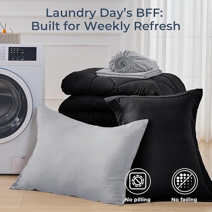 HEVUMYI Twin-XL Comforter Set - 5-Piece All Season Bed in a Bag Twin-XL, Ultra Soft Bedding Set with Comforter, Flat Sheet, Fitted Sheet, Pillowcases, Pillow Shams, Black & Light Grey