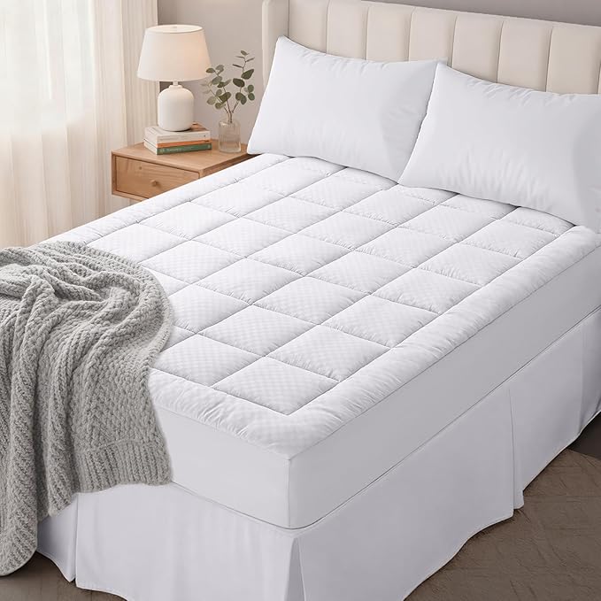OLANLY King Quilted Fitted Mattress Pad – Soft Pillow Top Mattress Topper, Down Alternative Fill, Cooling Comfort Breathable Mattress Cover, Machine Washable Deep Pocket Mattress Protector, White