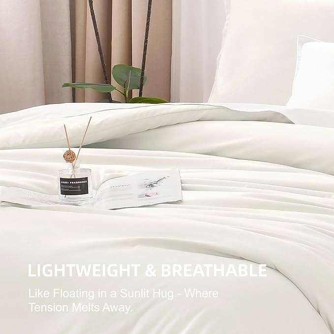 Litanika Oversized King Comforters Ivory Super King Plus Size, 3 Pieces Lightweight Solid Bedding Comforter Set, All Season Fluffy Bed Set (128x120In Comforter & 2 Pillowcases)