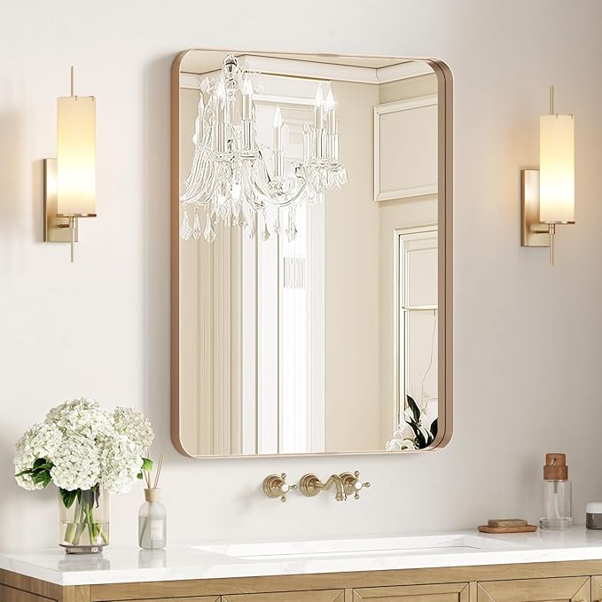 USHOWER Gold Bathroom Mirror 24"x36", Brushed Gold Rounded Rectangle Mirror for Over Sink, Aluminum Frame, Anti-Rust, Tempered Glass, Horizontal or Vertical Mounted