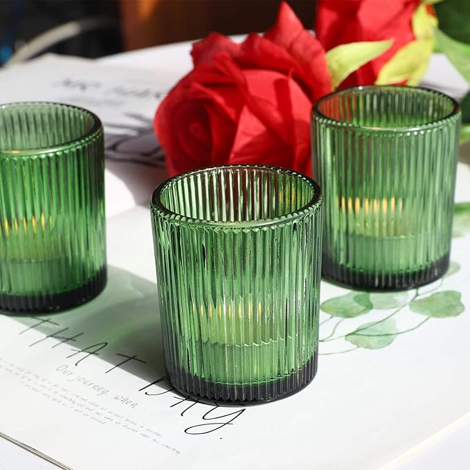 VOHO 12pcs Candle Holder Ribbed Glass, Green Votive Candle Holders for Wedding Party Table Centerpieces, Glass Tealight Candle Holder for Birthday Gift(2.1'' x 2.6'', Green)