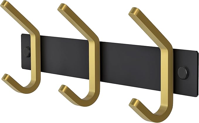 Small Coat Rack Wall Mount – Black and Gold Hook Rail with 3 Double Coat Hooks, 9 Inch Stainless Steel Wall Hooks for Entryway, Bathroom, Bedroom, Closet, Towel, Hat, Bag, Heavy Duty Organizer