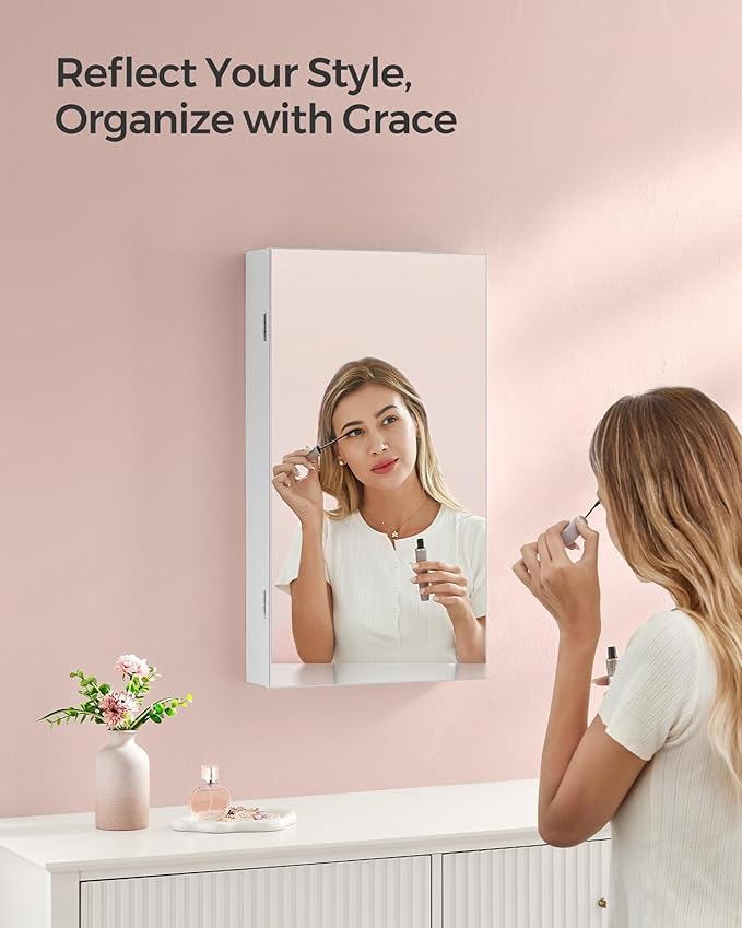 SONGMICS Mirror Jewelry Cabinet Armoire with Built-in LED Lights, Wall or Door Mounted Jewelry Storage Organizer, 3.8 x 14.6 x 26.4 Inches Hanging Mirror Cabinet, Gift Idea, White UJJC050W01
