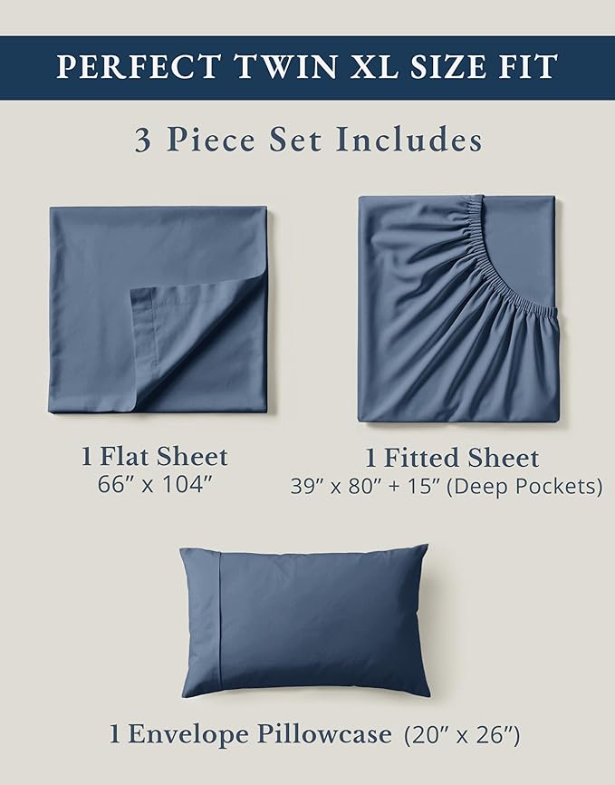 LANE LINEN 100% Organic Cotton Eco Friendly Fully Elasticized Twin XL Sheet Set, Low Pilling Fade Resistant Machine Washable Extra Long Twin Bedding Set, Soft & Comfy Cotton Sheets-Estate Blue