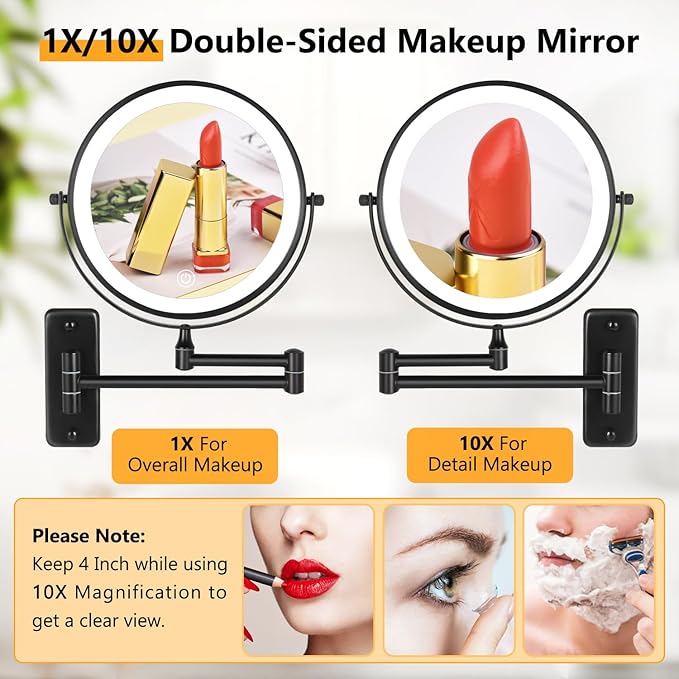 DECLUTTR Rechargeable Wall Mounted Lighted Makeup Mirror, 8 inch 10X Magnifying Mirror with 3 Color Lights, Dimmable Touch Screen Makeup Mirror with Lights for Bathroom, Black