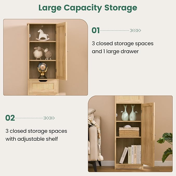 Iwell Tall Narrow Storage Cabinet with Doors, Rattan Cabinet with Adjustable Shelves, Freestanding Linen Storage for Living Room, Entryway, Kitchen, Bathroom, Natural