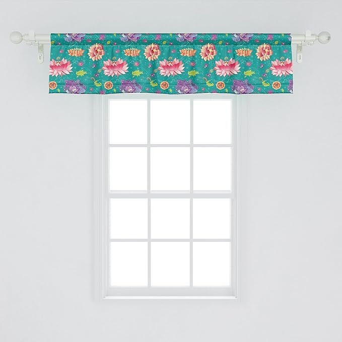Ambesonne Floral Window Valance, Pattern with Lotus Flowers Peonies and Chrysanthemums Oriental Motifs Garden Art, Curtain Valance for Kitchen Bedroom Decor with Rod Pocket, 42" x 12", Teal