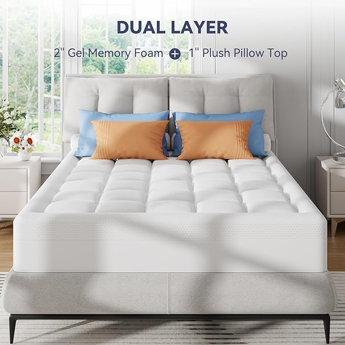ELEMUSE King Size Dual Layer 3 Inch Memory Foam Mattress Topper for Pressure Relief, Breathable Pillow Top Mattress Pad with Deep Pocket, Enhanced Support, Non-Slip Design & Removable & Washable