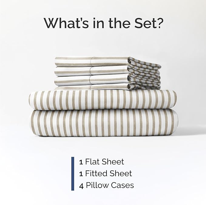Cal King 6 Piece Sheet Set - Comfy Breathable & Cooling - Soft Hotel Luxury Bedding Set w/ 8-16 Inch Deep Pockets - 1 Flat & 1 Fitted Sheet & 4 Pillowcases - Wrinkle Free & Easy Care - Beige Stripes 2