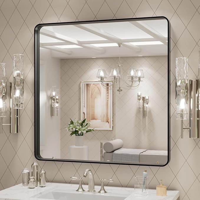 LOAAO 30x30 Inch Black Metal Framed Bathroom Mirror for Wall, Matte Black Bathroom Vanity Mirror Farmhouse, Large Rounded Rectangle Mirror, Anti-Rust, Hangs Horizontally or Vertically