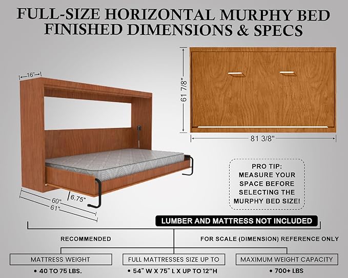 Full Size DIY Murphy Bed Hardware Kit – Horizontal Wall Bed for Space-Saving - Budget-Friendly DIY Setup -Made in USA -Hide Away Design with Full Murphy Bed Hardware - Bed Lift Mechanism - Pull Down