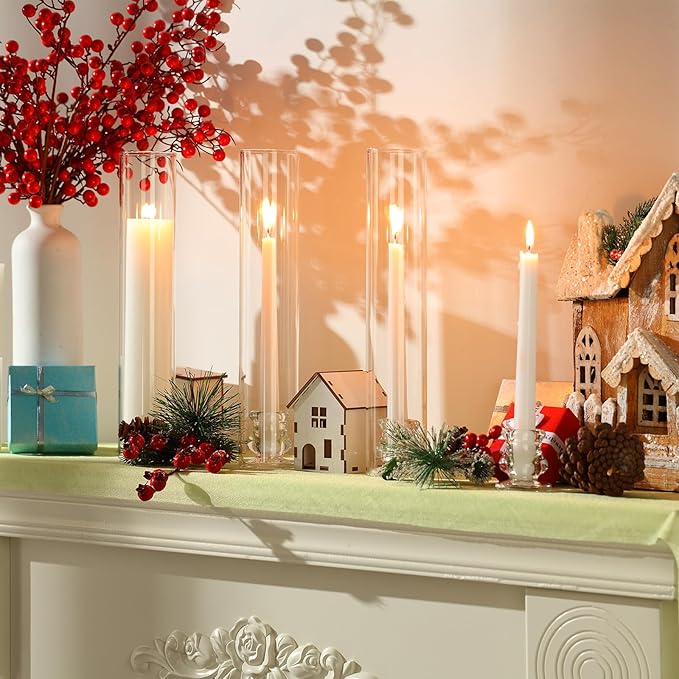 8 Set Christmas Glass Hurricane Candle Holders 12.6" Open Ended Glass Candleholder Tube Shape Bottomless and 2.2" Taper Clear Candlestick Holders for Wedding Party Table Centerpiece (Clear)