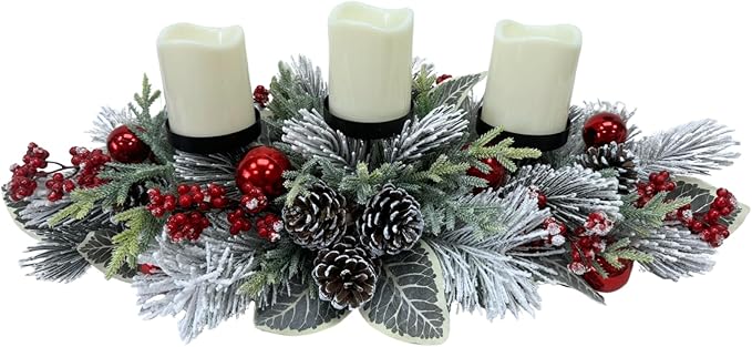 Christmas Candle Holder 3 Candle Holders Xmas Table Centerpiece with Snow Flocked Pine Branches,Pinecones, Red Berries