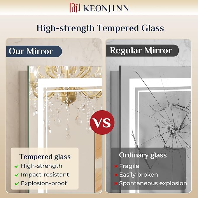 Keonjinn Bathroom LED Mirror 55" x 36" Front and Back Lights, Tempered Glass Stepless 3 Colors Temperature & Dimmable Large Wall Mirror, UL Listed LED Driver, Double Lighted Anti-Fog LED Vanity Mirror