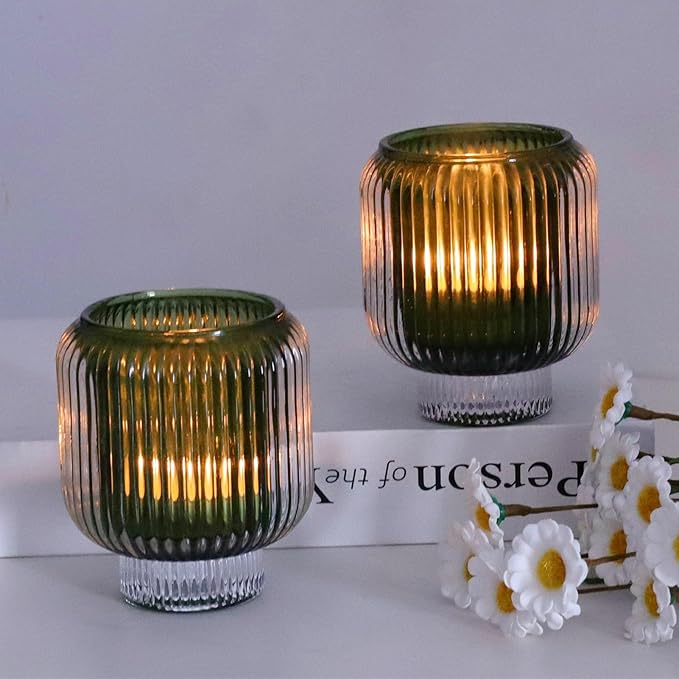 Woho Green Votive Candle Holders Set of 2(3.5" H x 3.1" W), Ribbed Tealight Candle Holder Vintage for Christmas Dinner Table, Reversible Tea Lights Candle Holder Glass for Living Room Home Decor