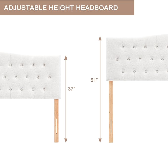 Tufted Upholstered Headboard Full Size, Sturdy and Durable Solid Wood Full XL headboard, Fabric Headboard Adjustable Height from 37” to 51”, Modern Button Diamond Design Head Board, White