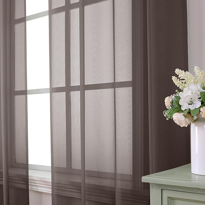 Aiyufeng Chocolate Brown Sheer Curtains 96 Inches Long 2 Panels, Solid Voile Rod Pockets Stylish Breathable Drapes Window Treatment for Kid's Room/Bedroom/Living Room, 42W x 96L, Chocolate Brown