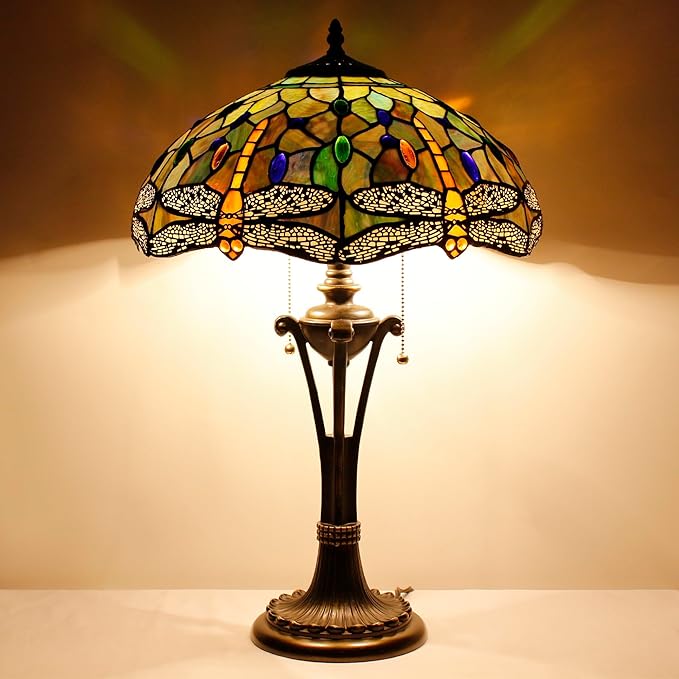 Tiffany Table Lamp Brown Yellow Stained Glass Desk Lamp 16X16X24 Inches Dragonfly Style Reading Light