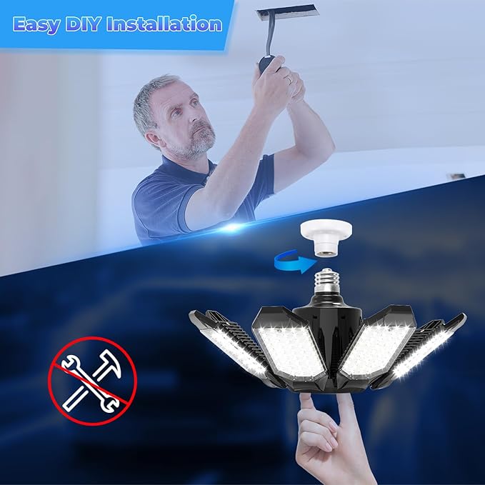 Garage Lights - Super Bright 250W LED Garage Ceiling Light w/ 8 Deformable Panels 6500K Led Light Bulb Srew in E26/E27 Socket with Adjustable Center Spotlight for Barn Workshop Attic - 4Pack