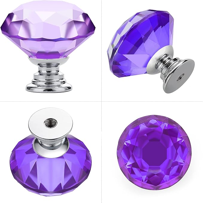 Ravinte 5 Pack Purple Crystal Knobs for Dresser Drawers - 30 mm Glass Cabinet Diamond Shaped Knobs with Silver Base