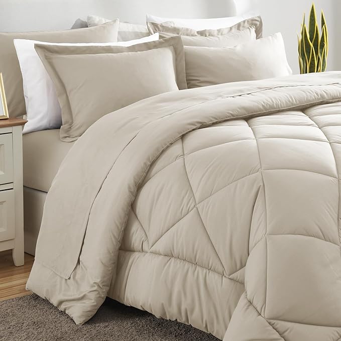 CozyLux California King Comforter Set Oatmeal - Cal King Bed in a Bag 7 Pieces, Luxury Soft Bed Set for All Seasons, Bedding Set with Down Alternative Comforter, Sheets, Pillowcases & Shams