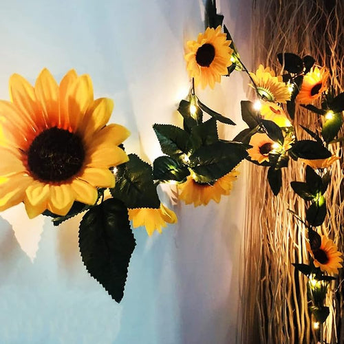2 Pack 8.8FT Artificial Sunflower Garland with 100 LED Fairy String Lights,Fake Vines Faux Sunflowers Hanging Garland Silk Flowers Hanging Plant for Indoor,Outdoor,Wedding,Wall,Birthday Party