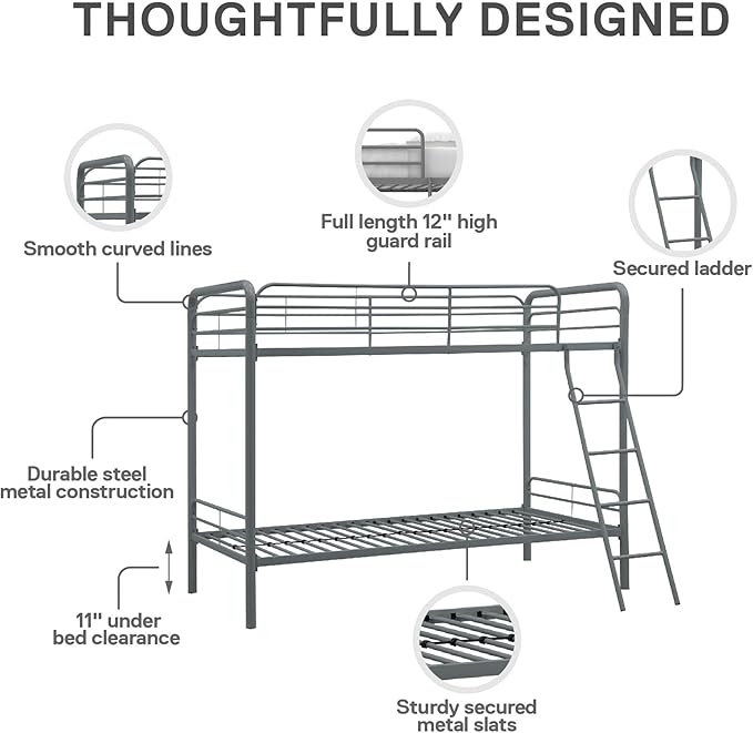 DHP Twin-Over-Twin Bunk Bed with Metal Frame and Ladder, Space-Saving Design, Silver Twin/Twin