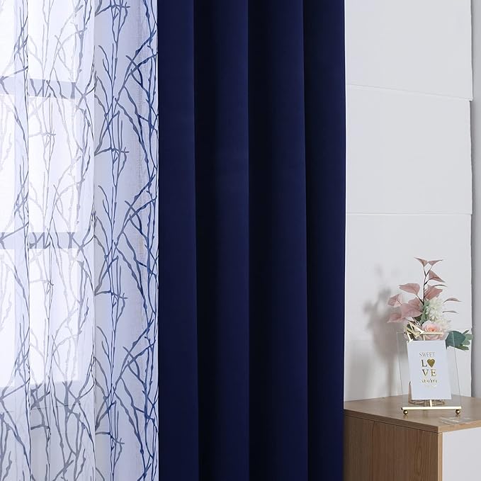 BONZER Mix and Match Curtains - 2 Pieces Branch Print Sheer Curtains and 2 Pieces Blackout Curtains for Bedroom Living Room Grommet Window Drapes, 54x95 Inch/Panel, Indigo, Set of 4 Panels