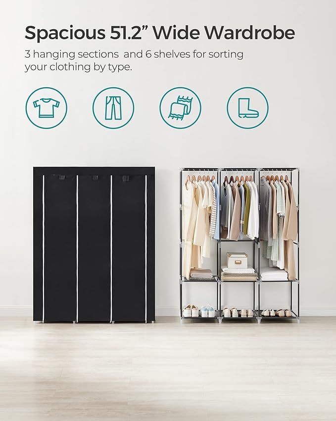 SONGMICS Portable Closet, Wardrobe Closet Organizer with Cover, 3 Hanging Rods and Shelves, 4 Side Pockets, 51.2 x 17.7 x 65.7 Inches, Large Capacity for Bedroom, Living Room, Ink Black URYG092B02