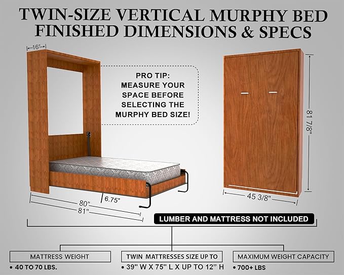 Twin Size DIY Murphy Bed Hardware Kit – Vertical Wall Bed for Space-Saving - Budget-Friendly DIY Setup -Made in USA -Hide Away Design with Twin Murphy Bed Hardware - Bed Lift Mechanism - Pull Down