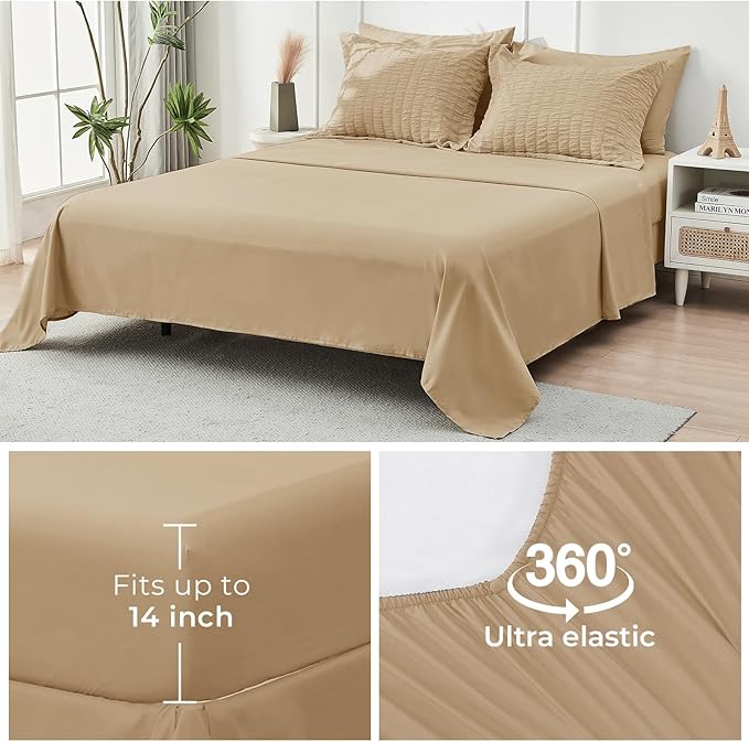 HYMOKEGE Khaki King Size Comforter Set Seersucker 7 Pieces, All Season Luxury Bed in a Bag for Bedroom, Bedding Set with Comforter, Sheets, Pillowcases & Shams